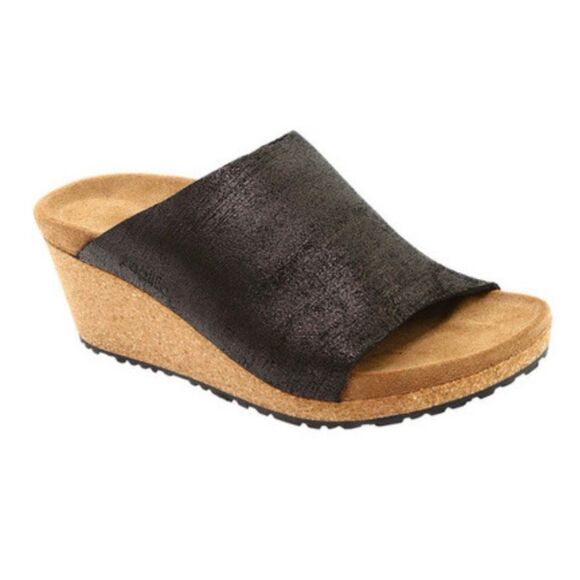 Papillio Shoes - Papillio by Birkenstock Namika Black Leather Cork Wedge Slide Sandals Size 7 (38